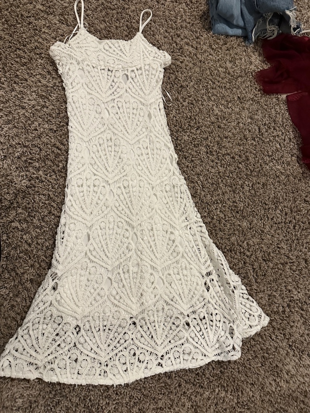 Bardot White Crochet Maxi Dress with Spaghetti Straps